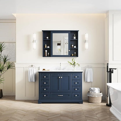 WELLFOR 48" Bathroom Vanity with Sink, Bathroom Freestanding Vanity W/ 2 Soft-Close Doors and 9 Soft-Close Drawers, Bathroom Cabinet Vanity with Cultured Marble Countertop (Navy Blue)