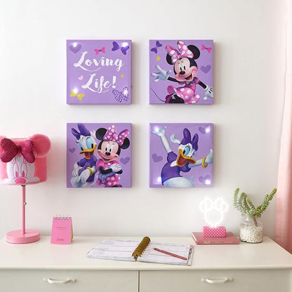 Disney Minnie Mouse LED Canvas Wall Art – 4-Pack Set for Kids – Light-Up 11x11” Panels – Minnie Room Décor for Girls – Battery Operated Wall Hanging for Bedroom or Playroom