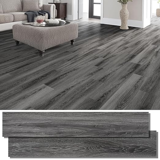 INMOZATA 36 Pack Peel and Stick Floor Tile Waterproof Vinyl Plank Flooring | 54 Sq.Ft, Heat-resistant, Wood Grain Self Adhesive Flooring for DIY Bedroom Living Room Bathroom Kitchen (Deep Gray)