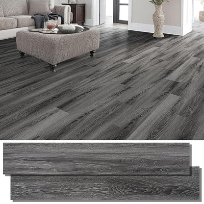 INMOZATA 36 Pack Peel and Stick Floor Tile Waterproof Vinyl Plank Flooring | 54 Sq.Ft, Heat-resistant, Wood Grain Self Adhesive Flooring for DIY Bedroom Living Room Bathroom Kitchen (Deep Gray)