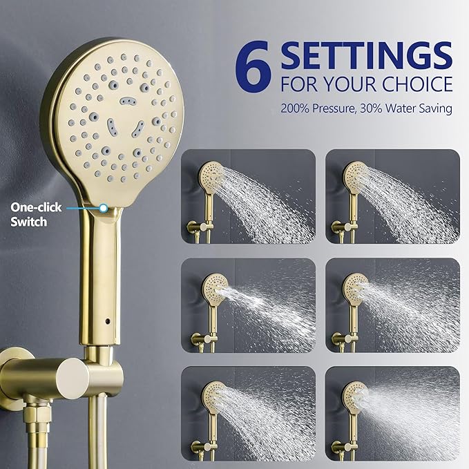 Brushed Gold Shower Faucet Set with Valve 10 Inches High Pressure Shower Head Combo Set Wall Mount Rain Shower Head System with 6 Function Handheld