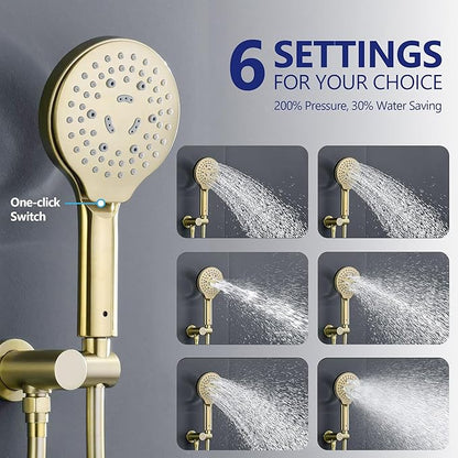 Brushed Gold Shower Faucet Set with Valve 10 Inches High Pressure Shower Head Combo Set Wall Mount Rain Shower Head System with 6 Function Handheld