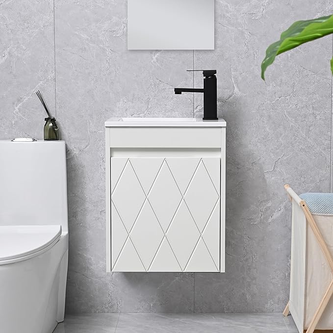 16" Bathroom Vanity Sink Combo for Small Space, Wall Mounted Bathroom Cabinet Set with White Resin Basin Sink Top Black Faucet Pop Up Drain White