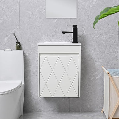 16" Bathroom Vanity Sink Combo for Small Space, Wall Mounted Bathroom Cabinet Set with White Resin Basin Sink Top Black Faucet Pop Up Drain White