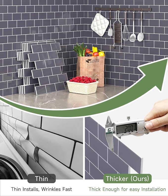 Peel and Stick Backsplash for Kitchen: Self Adhesive Wall Tiles for Bathroom - Vinyl Thick Back Splash Tile (10, Dark Gray)