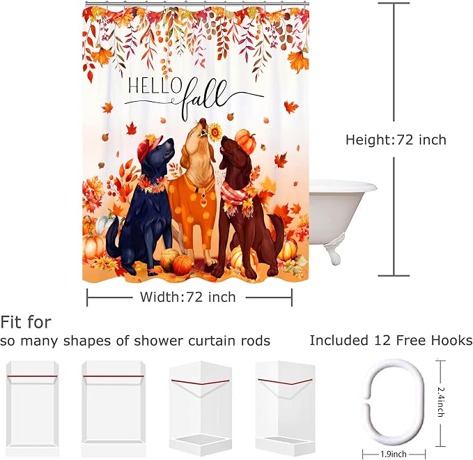Fall Shower Curtain Set Autumn Pumpkin Leaves Dog Shower Curtains Rustic Waterproof Fabric Bath Curtains with 12 Hooks for Fall Home Bathroom Decor, 72 x 72 Inches