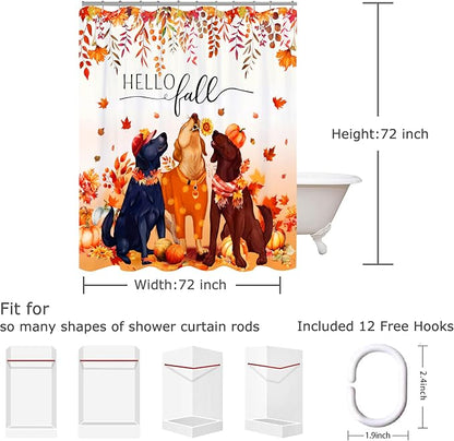 Fall Shower Curtain Set Autumn Pumpkin Leaves Dog Shower Curtains Rustic Waterproof Fabric Bath Curtains with 12 Hooks for Fall Home Bathroom Decor, 72 x 72 Inches