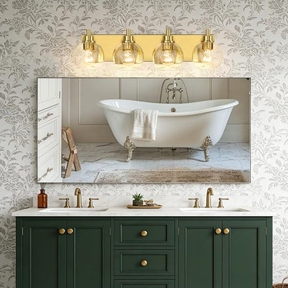 IZORRO Bathroom Light Fixtures, 4-Light Brushed Gold Vanity Light, Modern Wall Sconces with Globe Clear Glass Shade, Vanity Lighting Fixtures Over Mirror,E26 Bulb Socket