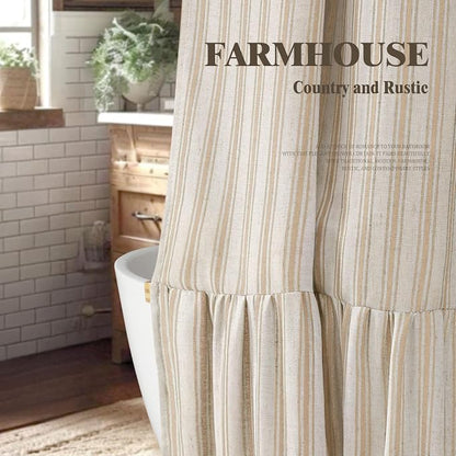 Farmhouse Shower Curtain Ruffle Linen Cream-Beige Stripe 72"W x 96"L | Farmhouse Boho, Striped, Bottom Ruffle, Linen Fabric, Rustic, Country, Natural Look, Washable, for Bathroom Bathtub