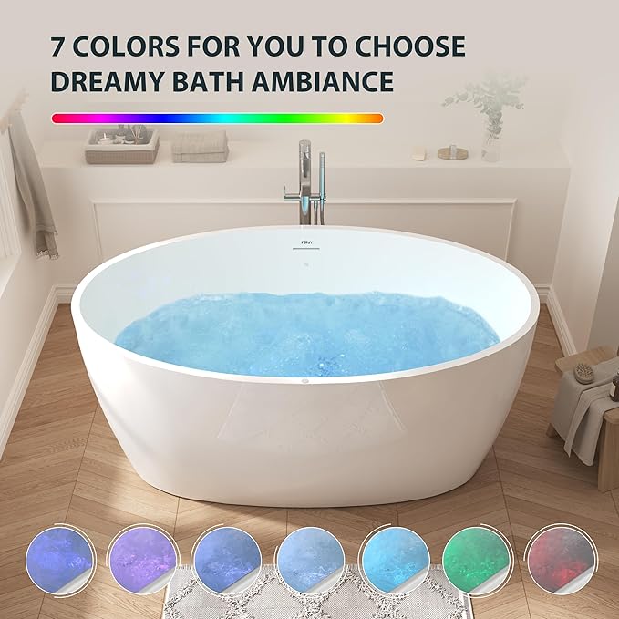 FerdY Tahiti 55 Inch Acrylic Freestanding Whirlpool Bathtub, Oval with 8 Air Water SPA Jets, Morden White Stand Alone Jetted Tub, Luxury Acrylic Free Stand Deep Soaking Bath Tub with LED Light