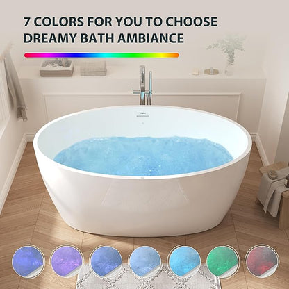 FerdY Tahiti 55 Inch Acrylic Freestanding Whirlpool Bathtub, Oval with 8 Air Water SPA Jets, Morden White Stand Alone Jetted Tub, Luxury Acrylic Free Stand Deep Soaking Bath Tub with LED Light
