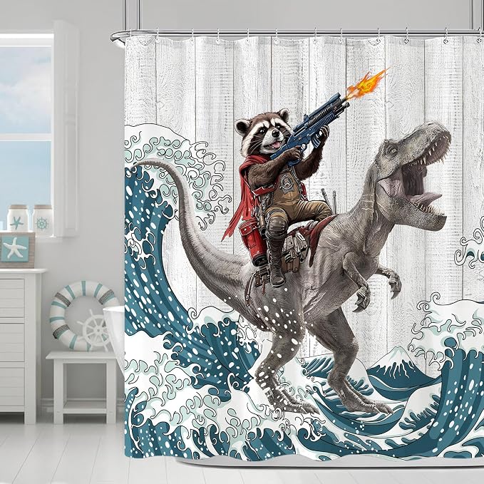 Funny Raccoon Dinosaur Shower Curtain 84 Inch Extra Long Fun Cool Animal Japanese Ocean Wave Shower Curtains for Bathroom Kids Unique Waterproof Fabric Rustic Wooden Farmhouse Bath Curtain Decor