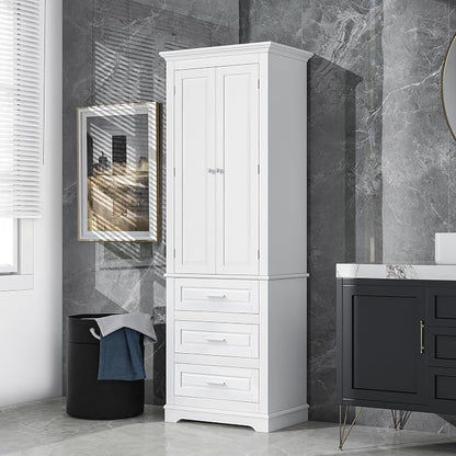 Merax 70" Pantry Cabinet with Two Doors & Three Drawer, Adjustable Shelves Storage Cupboard for Kitchen/Dining Room/Bathroom, White