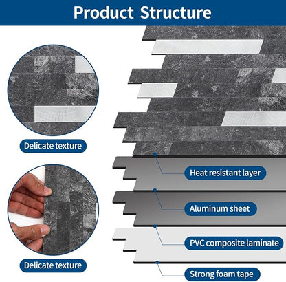 Yipscazo 20 Sheets Peel and Stick Stone Metal Tile Backsplash, Stick on Tiles for Backsplash Kitchen, Bathroom, Laundry Room, Camper, Fireplace (12'' X 12'', Dark Black)