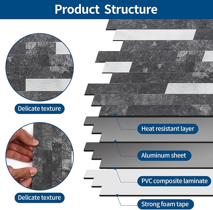 Yipscazo 10 Sheets Peel and Stick Stone Metal Tile Backsplash, Stick on Tiles for Backsplash Kitchen, Bathroom, Laundry Room, Camper, Fireplace (12'' X 12'', Dark Black)
