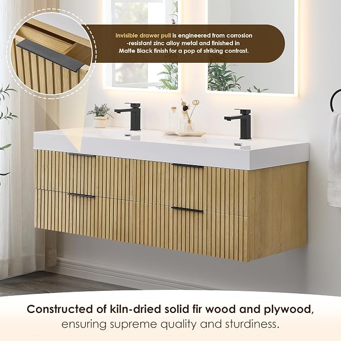 60 Inch Floating Sink Bathroom Vanity Wall Mount Double Vanities with Top | Pre-Assembled, Sturdy Solid Wood, Modern Vanity, Ceramic Sink, Large Storage Cabinet, Soft Closing Doors, Dovetail Drawers
