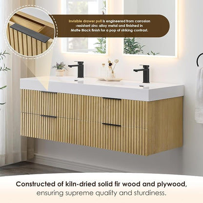 60 Inch Floating Sink Bathroom Vanity Wall Mount Double Vanities with Top | Pre-Assembled, Sturdy Solid Wood, Modern Vanity, Ceramic Sink, Large Storage Cabinet, Soft Closing Doors, Dovetail Drawers