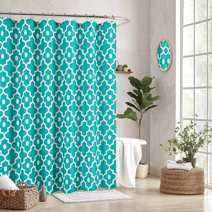 Fabric Modern Moroccan Shower Curtains for Bathroom-Turquoise and White | 72"W x 72"L Textured Faux Linen Elegant Classic Bath Decor-Hotel Quality Transitional Geometric Washable & Breathable Cloth