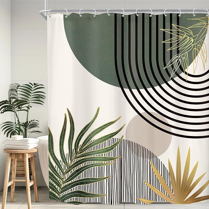 Mid Century Dark Green Boho Abstract Modern Bathroom Shower Curtain Set | 60Wx72L Gold design, waterproof HD print with fast-drying fabric and 12 hooks.