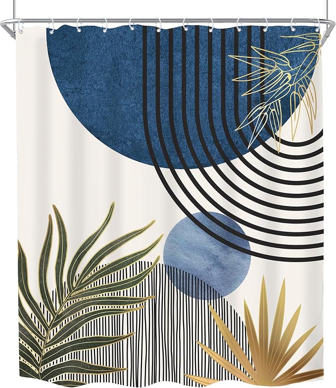 Mid Century Blue Green Boho Abstract Modern Bathroom Shower Curtain Set | 60Wx72L Plant design, waterproof HD print with fast-drying fabric and 12 hooks.