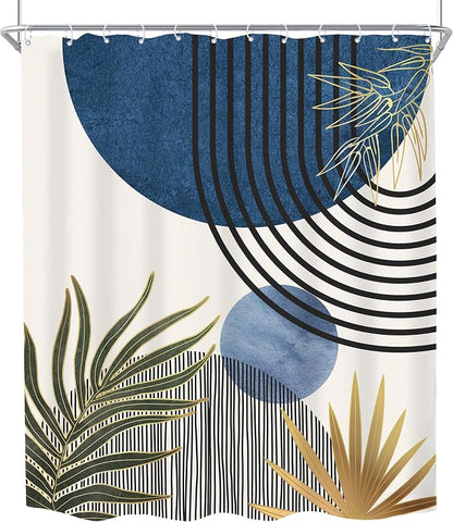Mid Century Blue Green Boho Abstract Modern Bathroom Shower Curtain Set | 60Wx72L Plant design, waterproof HD print with fast-drying fabric and 12 hooks.