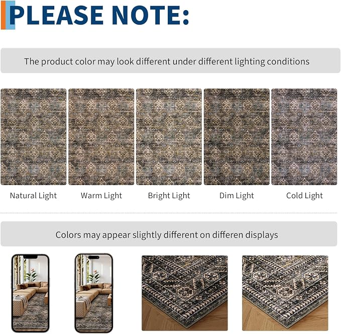Washable Floral 9x12 Area Rug for Living Room Bedroom, Indoor Retro Accent Non Slip Large Dining Room Rugs, Low Pile Stain Resistant Home Decor Carpet for Home Office, Yellow Taupe