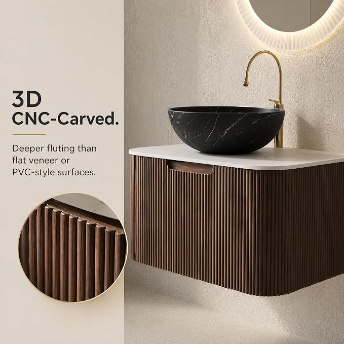 24 Inch Bathroom Vanity with Sink, Floating Wall Mounted Single Sink Vanity for Small Baths, Dark Walnut Curved Fluted Front, Stone Top, Black Marble Vessel Basin, Pre-Assembled