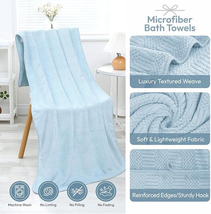 JML Microfiber Bath Towels, 2 Pack, 27x55 in, Light Blue | Soft, Super Absorbent, Quick Dry, Lint-Free, Lightweight Bathroom Towel with Hanging Loop for Daily Use