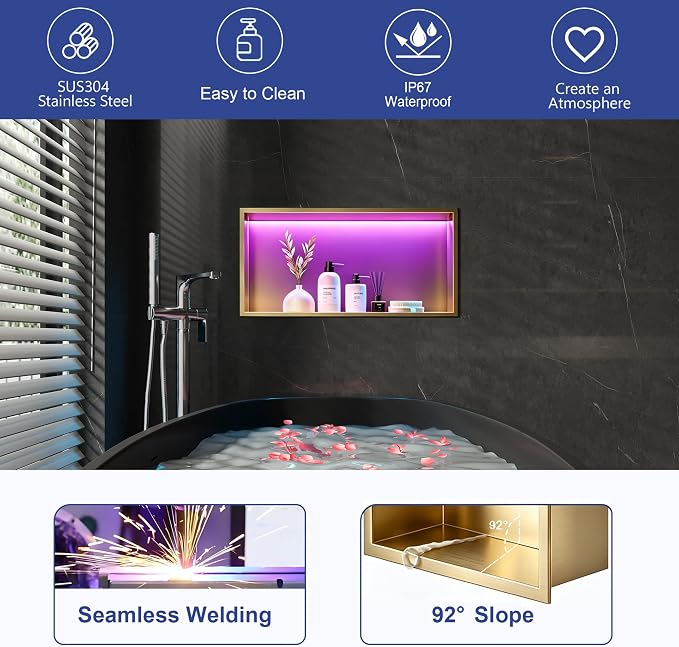 RGB LED Light Shower Niche, Gold 24X12 in Stainless Steel Wall Niche with Remote Control, Waterproof No Tile Needed Wall Niche for Bathroom Storage Over Mount Installation
