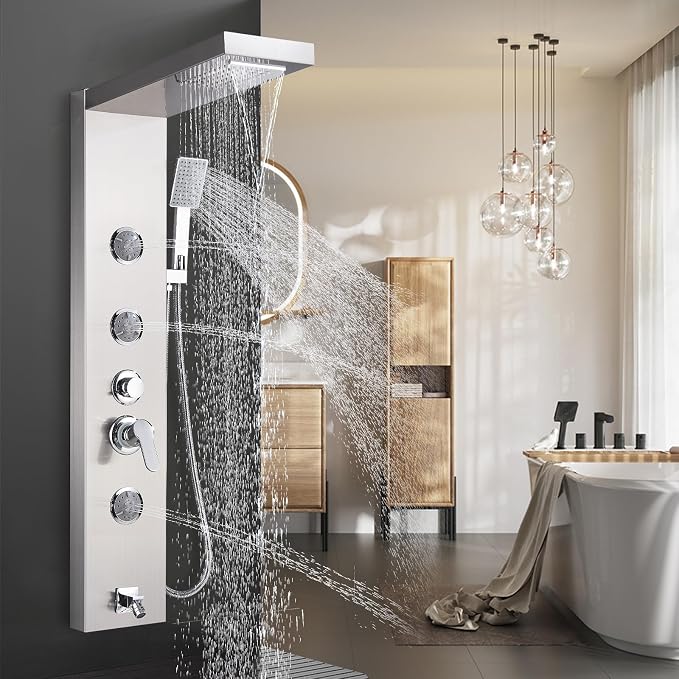 AlenArt Shower Panel Massage Jets Rainfall Waterfall Shower Head, Shower Stainless Steel Wall Mount Massage Multi-Function Bathroom Shower Panel Tower System, Brushed Nickel……