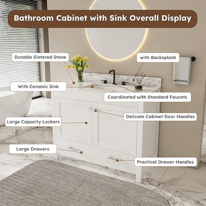 Montary 42" Bathroom Vanity with 43" Sintered Stone Carrara White Top, Modern Stylish MDF Bathroom Storage Cabinet, Vanity Set with 2 Doors and One Large Divided Drawer, White (Three Holes)