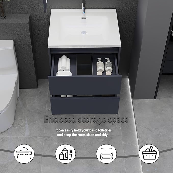 Dark Gray Floating Bathroom Vanity with Sink, 23x18 Inch Wall Mounted Bathroom Cabinet with 2 Drawers, Modern Single Sink Vanity for Small Bathroom, Space-Saving Storage Cabinet
