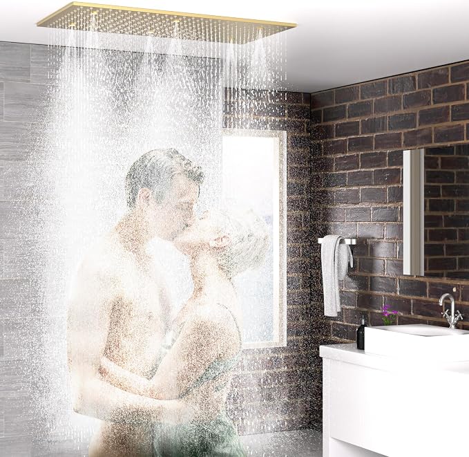 2 Modes Luxury High Pressure Rain Shower Head, 16"x32" Super Large Ceiling Full Body Shower Head with Silicone Nozzles Rectangle Mist Showerhead, Brushed Gold Finish
