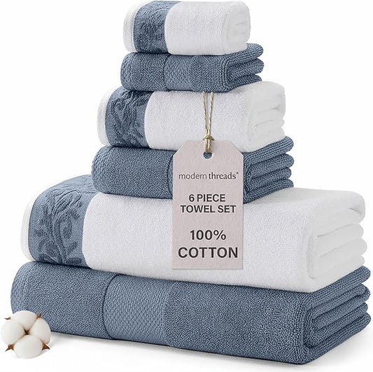 Modern Threads 600 GSM 6-Piece Towel Set with Filgree Jacquard Border Blue