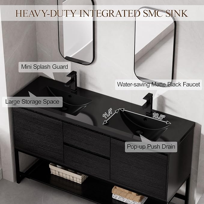 LUCKWIND 60" Modern Bathroom Vanity with Dual Black Sink Combo, Freestanding Storage Cabinet with Metal Frame, Water-Saving Faucet and Open Shelf and 2 Soft-Closing Door, Black