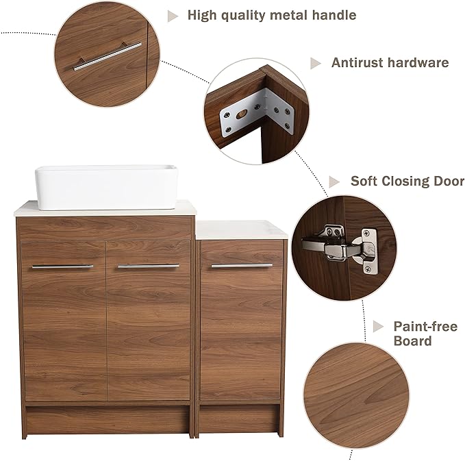 36" Bathroom Vanity, 36 Inch Freestanding Vanity with Ceramic Vessel Sink, Modern Single Sink Bathroom Vanity Combo, Brown Floor Stand Storage Cabinet Set (BRE110, 36 * 18)