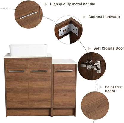 36" Bathroom Vanity, 36 Inch Freestanding Vanity with Ceramic Vessel Sink, Modern Single Sink Bathroom Vanity Combo, Brown Floor Stand Storage Cabinet Set (BRE110, 36 * 18)