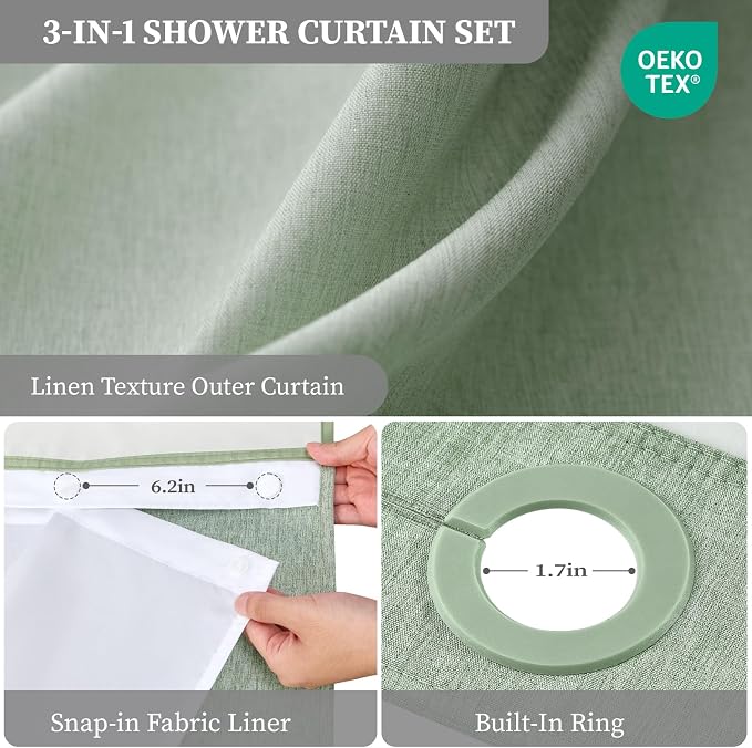 72x81 Ringless Linen Look Shower Curtain with Snap in Liner Sage Green | Tall Size, 3 in 1 Shower Curtain Set, Removable Liner, Waterproof & Washable, Mesh Top Window, Durable Fabric, Easy Setup