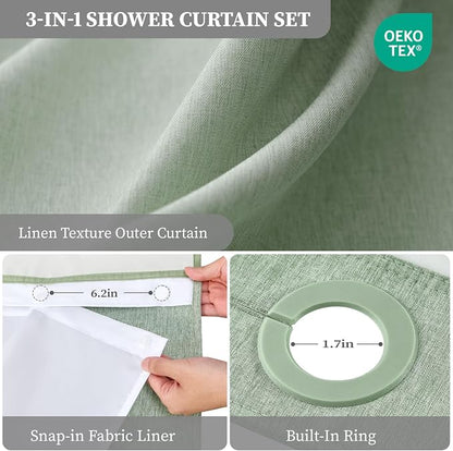 72x81 Ringless Linen Look Shower Curtain with Snap in Liner Sage Green | Tall Size, 3 in 1 Shower Curtain Set, Removable Liner, Waterproof & Washable, Mesh Top Window, Durable Fabric, Easy Setup