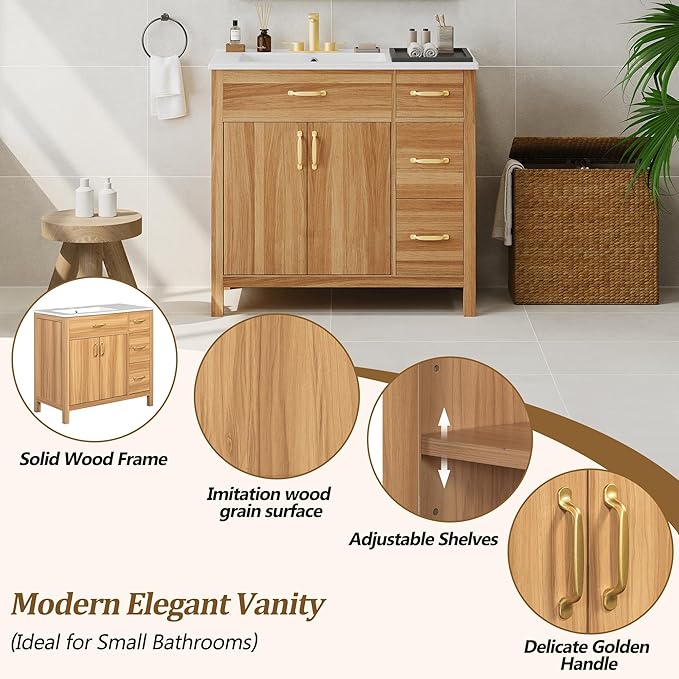 Favfurish 36" Bathroom Vanity,Free Standing Single Basin Vanity Combo with Sink,3 Soft Close Drawers & 2 Soft Close Doors,Solid Wood Frame Storage Cabinet w/Ceramic Basin,for Small Space,Natural