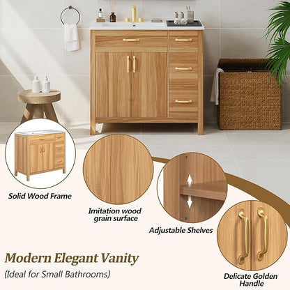 Favfurish 36" Bathroom Vanity,Free Standing Single Basin Vanity Combo with Sink,3 Soft Close Drawers & 2 Soft Close Doors,Solid Wood Frame Storage Cabinet w/Ceramic Basin,for Small Space,Natural