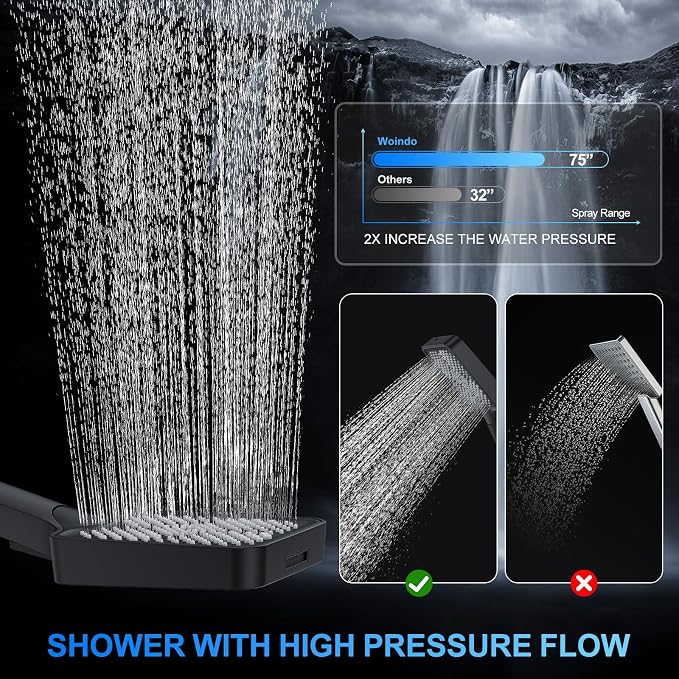 WOINDO Shower Faucet Set, 10" Wall Mount Rainfall Shower System with 2 Rain Shower Head and Multi-function Handheld Head Push Button Diverter Shower Faucet Trim Kit