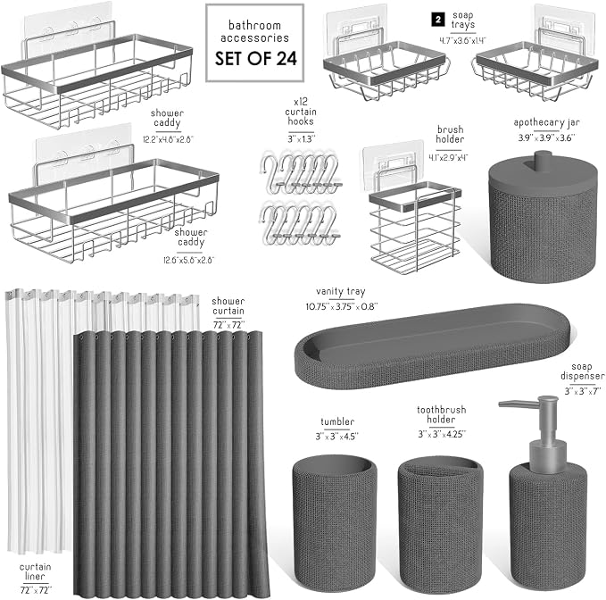 Clara Clark Bathroom Set - Grey Bathroom Accessories Set, 24PC Bathroom Accessory Set, Bathroom Sets with Shower Curtain Set, Adhesive Corner Shower Caddy Hanging & Soap Dispenser