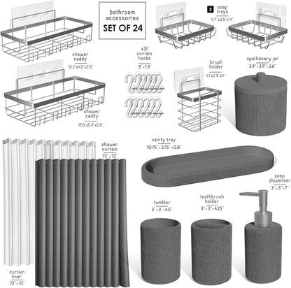Clara Clark Bathroom Set - Grey Bathroom Accessories Set, 24PC Bathroom Accessory Set, Bathroom Sets with Shower Curtain Set, Adhesive Corner Shower Caddy Hanging & Soap Dispenser