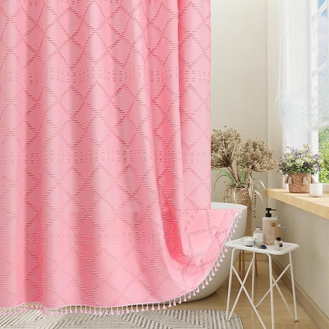 Pink Boho Woven Fabric Shower Curtain with Tassel 72 x 78, Tufted Textured | Modern Farmhouse Curtain for Bathroom, Long Bathroom Curtain, Minimalist Decor, Waterproof