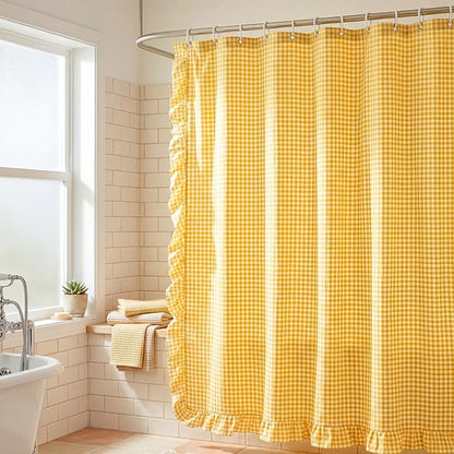 HunnmingRe Ruffled Gingham Shower Curtain Yellow | 72'' x 72'' Vintage Farmhouse Curtain, Cotton Cottage Core Rural Checkered Plaid Decor, Fall Shower Curtain for Bathroom