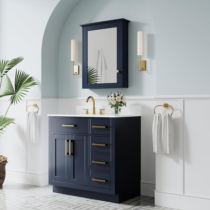 36-Inch Bathroom Vanity with Sink W/ 2 Doors & 4 Drawers & 1 Flip Drawer, Navy Blue Vanity W/Brushed Gold Handles