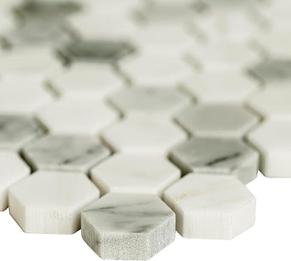 MSI Bianco Dolomite Tibi 12 in. x 12 in. Polished Marble Hexagon Wall Tile and Floor Tile for Kitchen Backsplash, Wall Tile for Bathroom, Shower Wall Tile, Mesh Mounted Mosaic Tile
