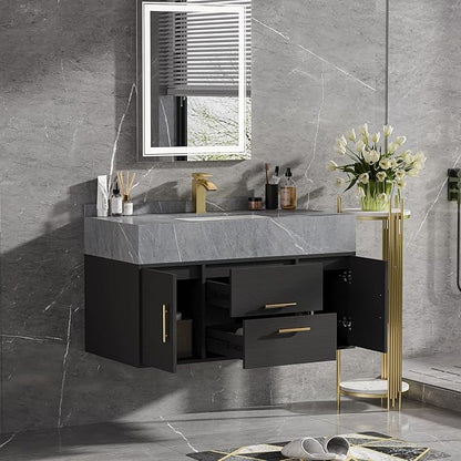 homary 39.4" Floating Bathroom Vanity with Sink, Modern Bathroom Vanity with Sintered Stone Countertop and 2 Drawers 2 Storage Cabinets, Undercounter Ceramic Sink Cabinet, Black