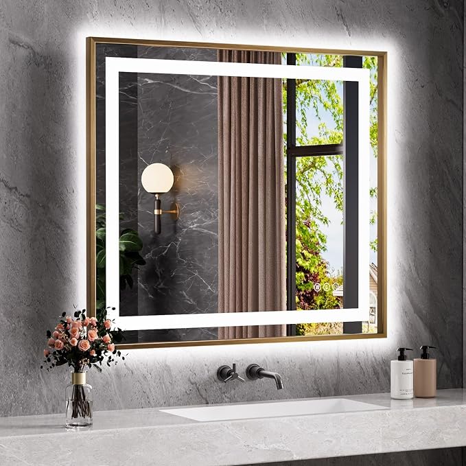 40"X36" LED Bathroom Mirror with Front Lit and Backlit(Brushed Gold) | Metal Framed Mirror, Stepless Dimmable, Anti-Fog, HD Reflection, Shatter-Proof, Memory, 3 Colors, Double LED Vanity Mirror.